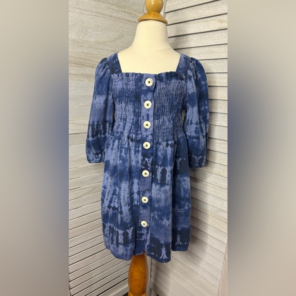 Zara Girls Blue Tie Dye Dress Size 6 Button Front Boho Cottagecore Denim Look - Picture 2 of 5